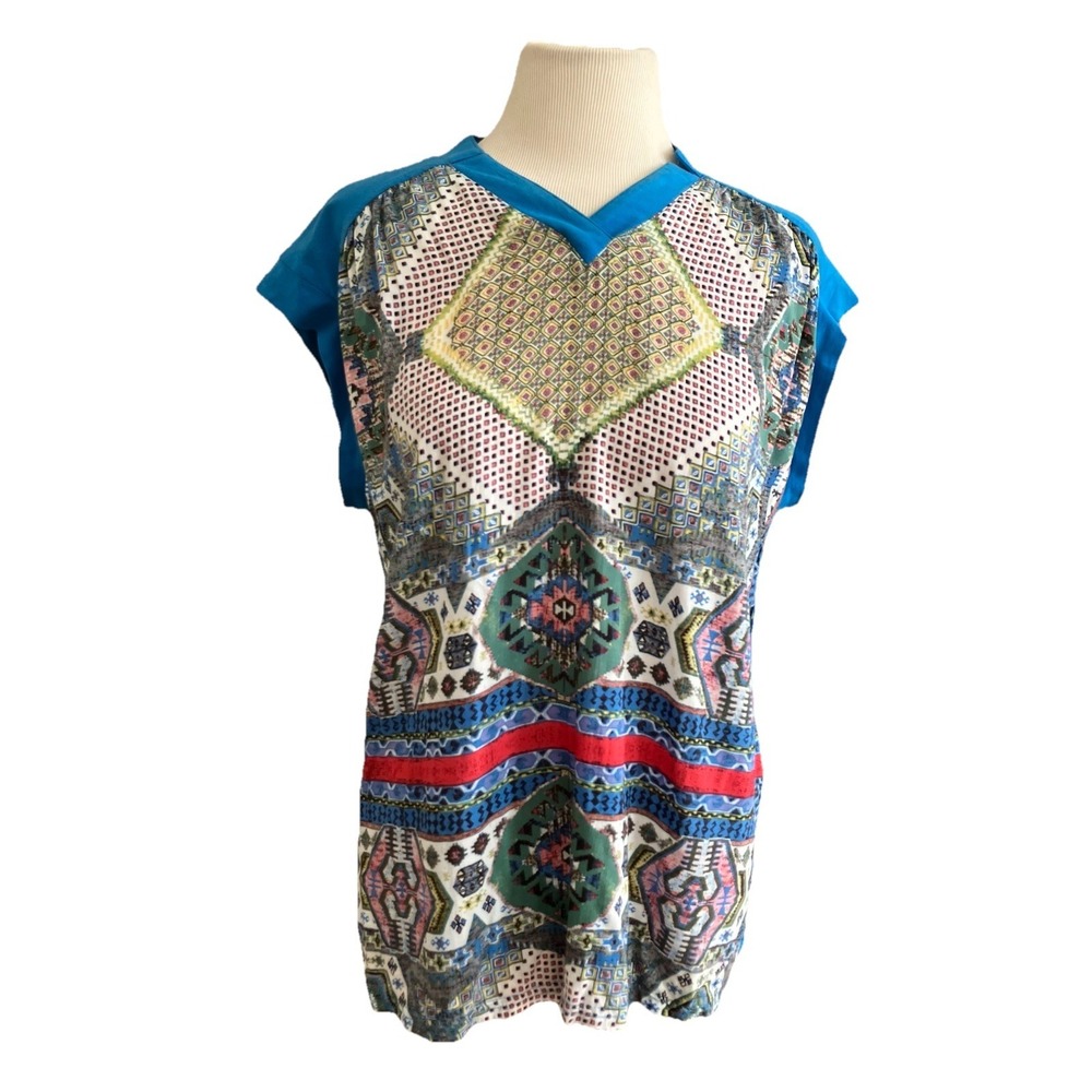 Tulle Shirt Blue Printed Short Sleeve Blouse Sz S‎ Festival fairycore